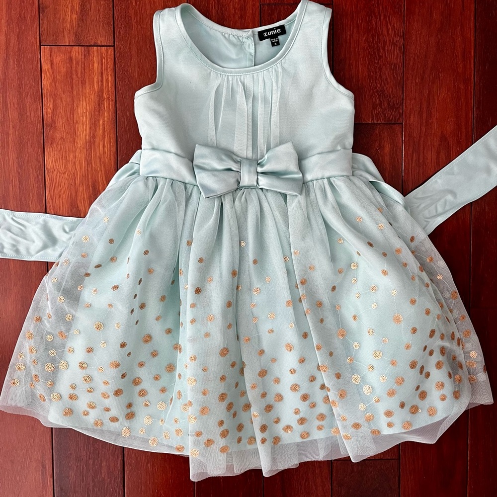 zunie teal gold polka dot satin dress size 4